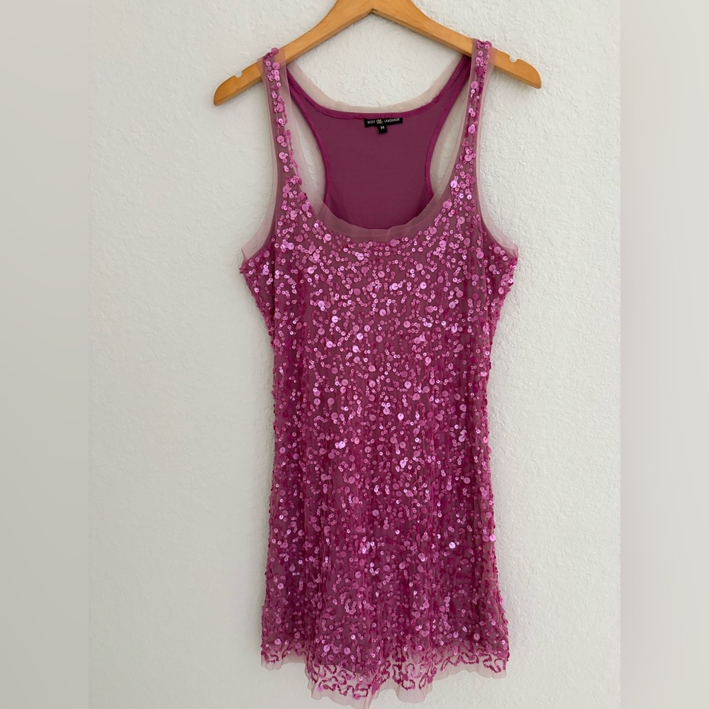 Body Language Paris Cocktail  Bodycon Sequin Sparkle Allover Pink Dress Size M